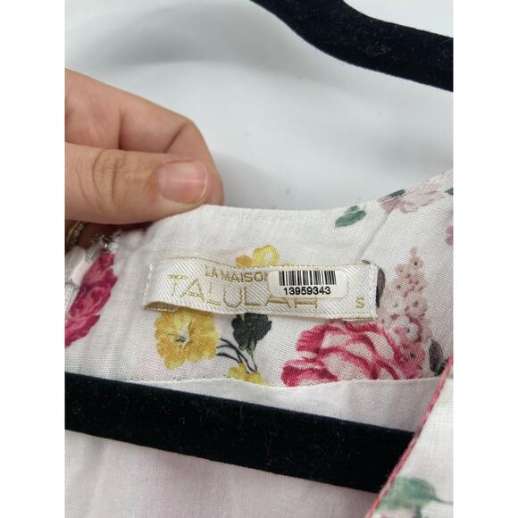 La Maison Talulah Tea Time Floral White Short Sleeve V-Neck Linen Mini Dress S - Picture 6 of 7